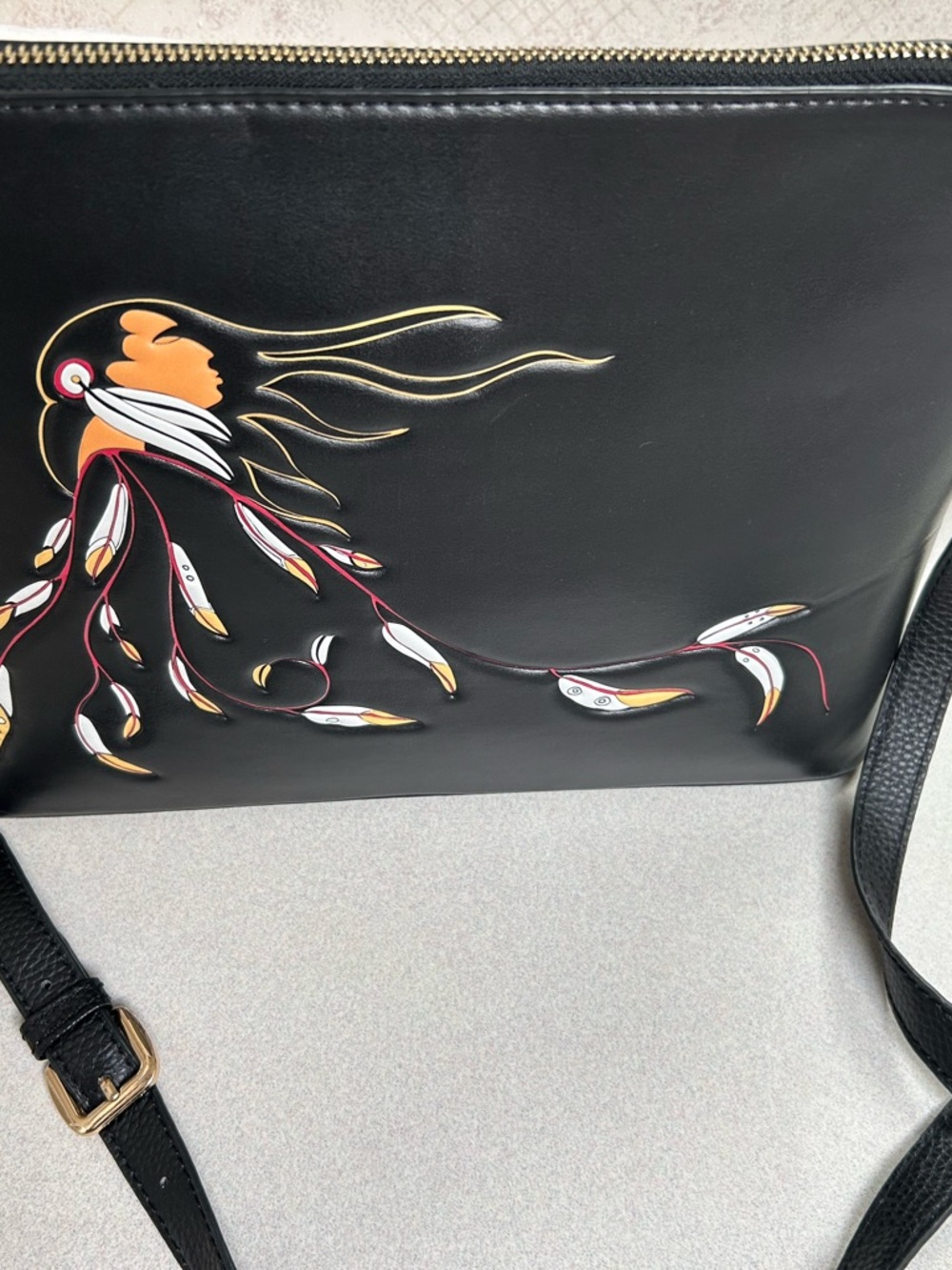 Black Leather Crossbody Bag with First Nations Motif